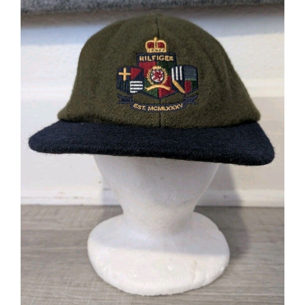 Vintage Tommy Hilfiger Wool Hat Cap Leather Strapback Crest Crown Shield USA